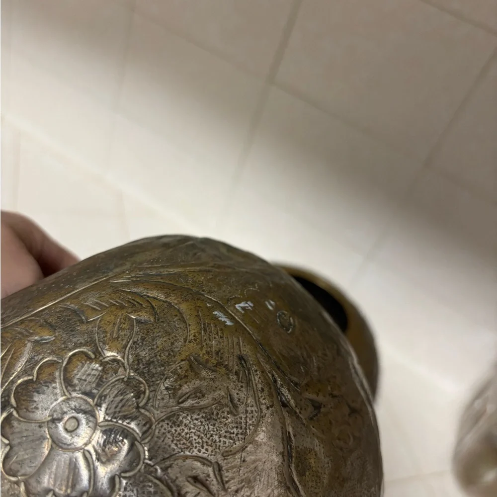 Vintage small round embossed brass vases